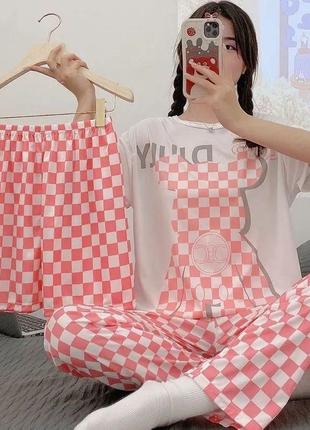 Женская пижама для сна 3 в 1 футболка, шорты и штаны, мягкий удобный спальный комплект "кофе с молоком" vt-33