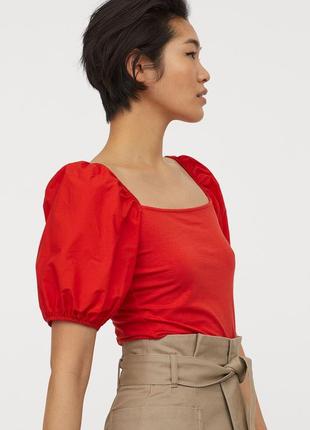 Новая красная трикотажная блуза h&m xl блуза c объемными рукавами блуза с квадратным вырезом