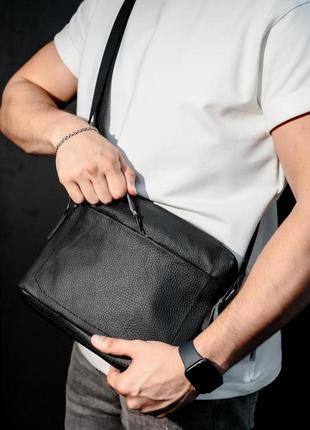 Сумка-мессенджер із натуральної шкіри, сумка через плече чоловіча skill slide (чорна)2 фото