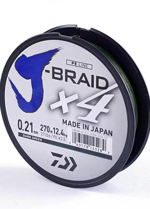 Шнур daiwa j-braid x4e 270m dark green #2.5/0,21mm 12,4kg