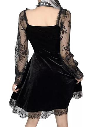 Готическое платье с кружевом бархатное с рукавами платье черное l л