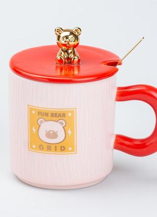 Чашка с крышкой и ложкой 300 мл керамическая "медвежонок" розовая