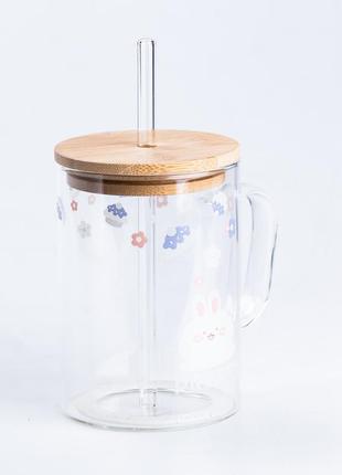 Чашка стеклянная 0.5 (л) с деревянной крышкой и трубочкой орнамент2 фото