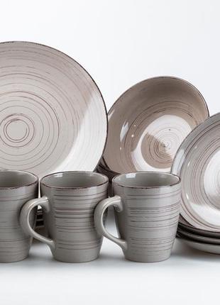 Набор посуды серый с лаконичным дизайном с чашками на 4 персоны (16 предметов) керамический столовый сервиз