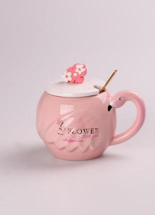 Керамічна чашка "flower" з кришкою та ложкою, 500 мл, рожева