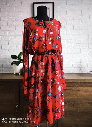 Сукня плаття 👗 сарафан червоний квіти peacocks віскоза рюші міді,lxl,52-481 фото