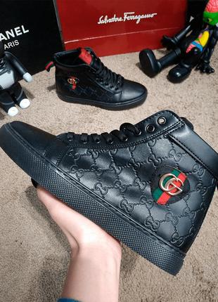 Ботинки gucci signature web high top black/green/red