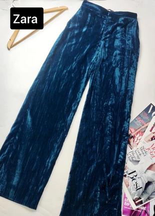 Брюки жіночі велюр блакитного кольору прямого крою з високою посадкою від бренду zara s1 фото