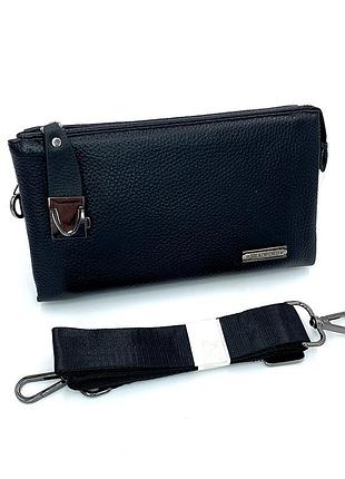 Черная мужская кожаная маленькая сумка клатч на молнии с длинным ремешком через плечо