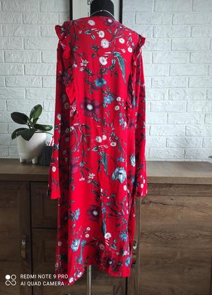Сукня плаття 👗 сарафан червоний квіти peacocks віскоза рюші міді,lxl,52-484 фото