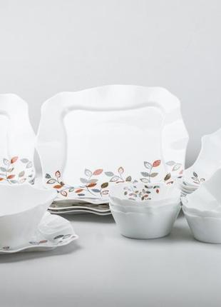 Столовый сервиз 26 квадратных тарелок керамических белый с цветами (сервизы)