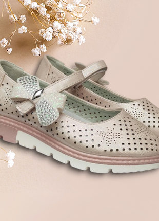 Туфлі для дівчинки рожеві шкільні, перетинка на платформі, перфорація