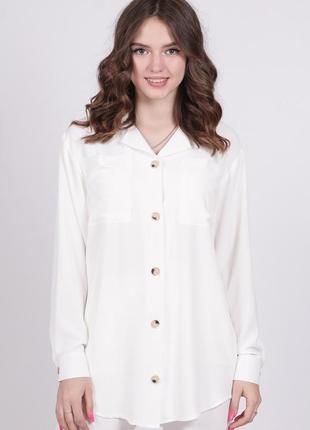 Рубашка женская молочная оверсайз легкая летняя  на пуговицах с длинными рукавами жатка с накладным карманом