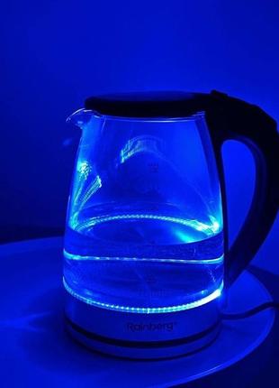 Електричний скляний чайник rainberg rb-2250 з led підсвічуванням 2200 вт 1.8л, хороший електро чайник6 фото