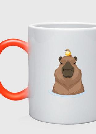 Чашка с принтом хамелеон «капибару с птичкой» (цвет чашки на выбор)