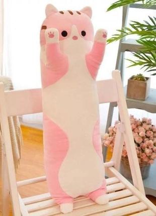 Мягкая плюшевая игрушка длинный кот батон котейка-подушка 50 см. цвет: розовый