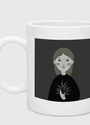 Чашка с принтом керамическая «мультяшная девочка с растением в руке»
