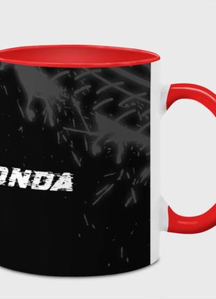Чашка с принтом  «honda speed на темном фоне со следами шин: надпись и символ» (цвет чашки