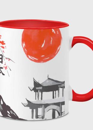 Чашка с принтом  «цветущая сакура и солнце - япония» (цвет чашки на выбор)