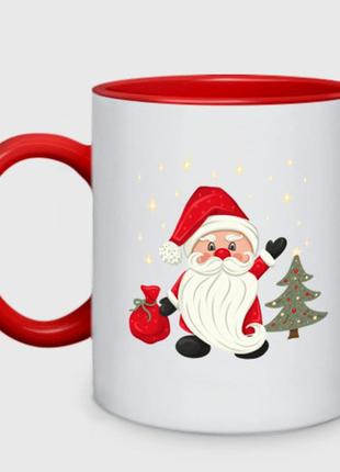 Чашка с принтом двухцветная «дед мороз с подарками новый год» (цвет чашки на выбор)