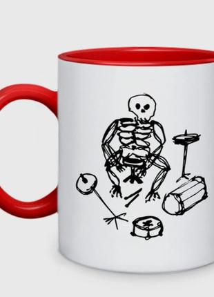 Чашка з принтом  двоколірний «скелет барабанщик» (колір чашки на вибір)
