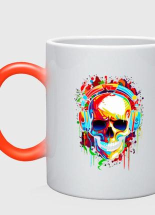 Чашка с принтом хамелеон «красочный череп в очках » (цвет чашки на выбор)