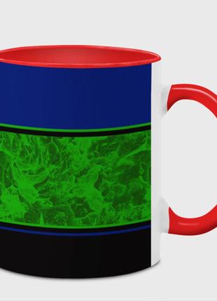 Чашка с принтом  «синие неоновые зеленые мраморные и черные полосы» (цвет чашки на выбор)