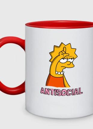 Чашка с принтом двухцветная «лиза симпсон antisocial» (цвет чашки на выбор)