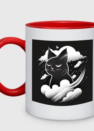 Чашка з принтом  двоколірна «нуарний кіт у хмарах» (колір чашки на вибір)