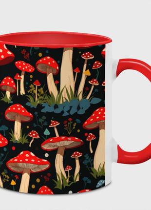 Чашка с принтом  «красные мухоморы в белый горошек - лес грибы» (цвет чашки на выбор)