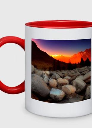 Чашка с принтом двухцветная «горный пейзаж в закате солнца, каменная река» (цвет чашки на выбор)