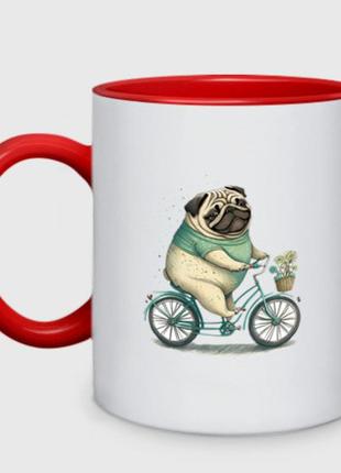 Чашка з принтом  двоколірний «забавний мопс на велосипеді» (колір чашки на вибір)
