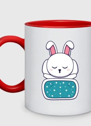 Чашка с принтом двухцветная «спящий зайчишка» (цвет чашки на выбор)