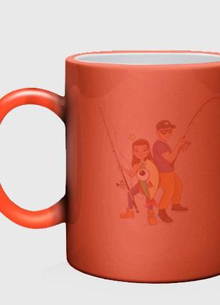 Чашка с принтом хамелеон «девушка и парень на рыбалке» (цвет чашки на выбор)3 фото