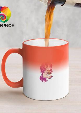 Чашка з принтом  хамелеон «рожевий єдиноріг зі склянкою кави» (колір чашки на вибір)5 фото