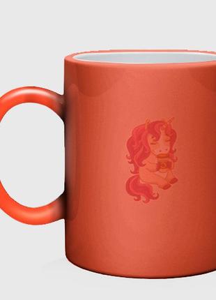 Чашка з принтом  хамелеон «рожевий єдиноріг зі склянкою кави» (колір чашки на вибір)3 фото