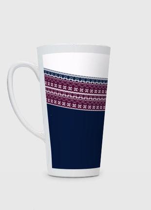 Чашка з принтом  лате «скандинавський орнамент на синьому, бордовому тлі»