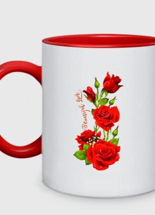 Чашка з принтом  двоколірний «прекрасна любов — букет із троянд» (колір чашки на вибір)