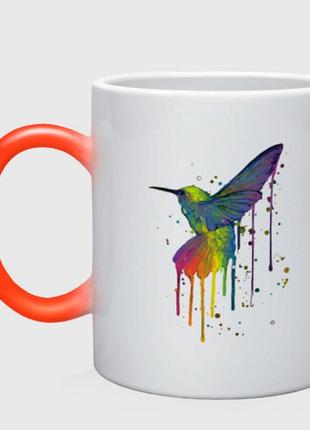 Чашка з принтом  хамелеон «пташка колібрі» (колір чашки на вибір)