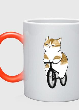 Чашка з принтом  хамелеон «котик на велосипеді» (колір чашки на вибір)