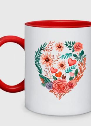 Чашка з принтом  двоколірний «квіткове серце з трояндами й астрамі» (колір чашки на вибір)
