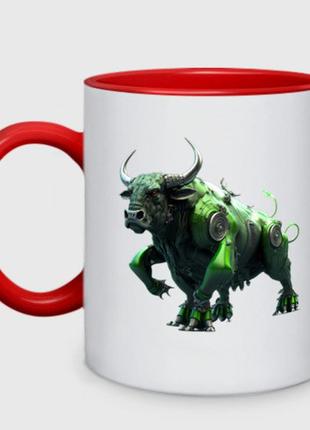 Чашка с принтом двухцветная «зеленый бык» (цвет чашки на выбор)