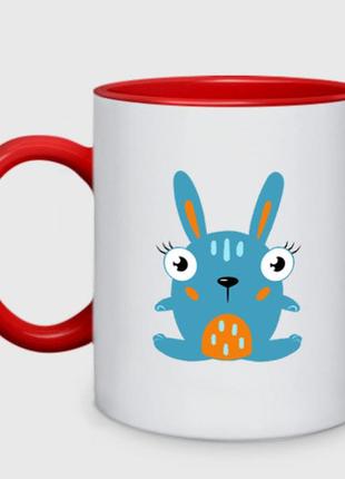 Чашка з принтом  двоколірний «смішний круглий заєць, очістий кролик» (колір чашки на вибір)
