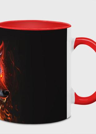 Чашка с принтом  «огненный злой волк с красными глазами» (цвет чашки на выбор)