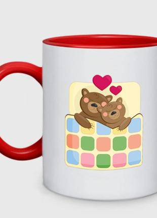 Чашка с принтом двухцветная «спящие влюбленные медведи» (цвет чашки на выбор)