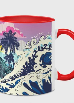 Чашка с принтом  «штормовые океанские волны и пальмы» (цвет чашки на выбор)