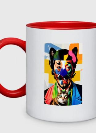 Чашка з принтом  двоколірний «портрет сальвадора далі з котом — нейромережа — pop art» (колір чашки на вибір)