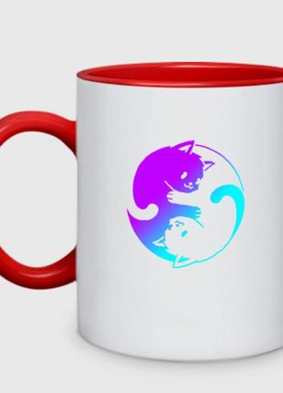 Чашка с принтом двухцветная «неоновые котики инь янь» (цвет чашки на выбор)