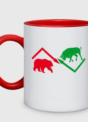 Чашка с принтом двухцветная «быки и медведи» (цвет чашки на выбор)