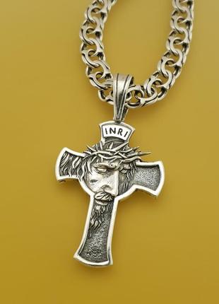 Мужская серебряная цепочка с крестиком лик иисуса. цепь бисмарк и освященный кулон крестик. длина 55 см9 фото
